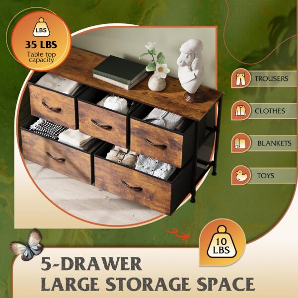 WLIVE Dresser for Bedroom with 5 Drawers, Wide Chest of Drawers, Fabric Dresser, Storage Organizer Unit with Fabric Bins for Closet, Living Room, Hallway, Rustic Brown Wood Grain Print - Image 5