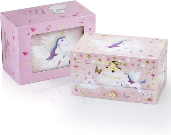 Kids Musical Jewelry Box with Big Drawer and zirconia stones Jewelry Set with Spinning Unicorn and Glitter Rainbow Butterfly Design - Over the Waves Tune Pink - Image 6