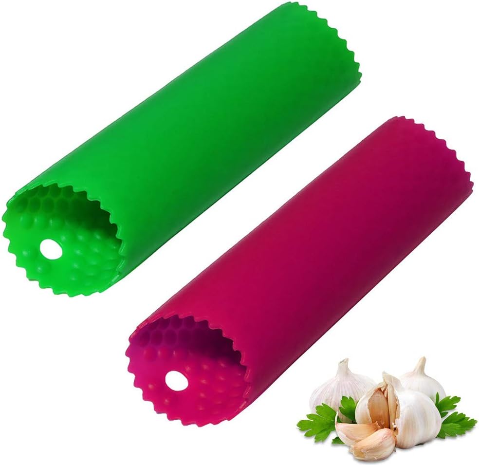 Garlic Peeler Skin Remover Roller Keeper,Easy Quick to Peeled Garlic Cloves with Silicone Tube Roller Garlic Peeling Kitchen Tool (Green,Red)