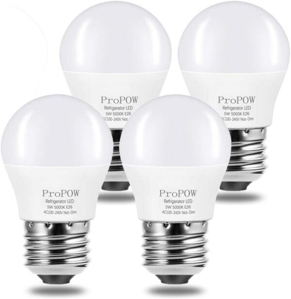 ProPOW LED Refrigerator Light Bulb, 40W Equivalent 120V A15 Fridge Bulbs 5 Watt Daylight White 5000K E26 Medium Base, Energy Saving Freezer Ceiling Home Lighting, Not-Dim, Waterproof, 4 Pack