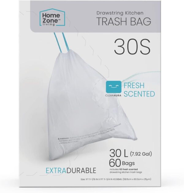 Home Zone Living 8 Gallon Kitchen Trash Bags with Drawstring Handles, Heavy Duty Custom Fit Design for Standard 30 Liter Kitchen Trash Cans, Code 30S, 60 Count