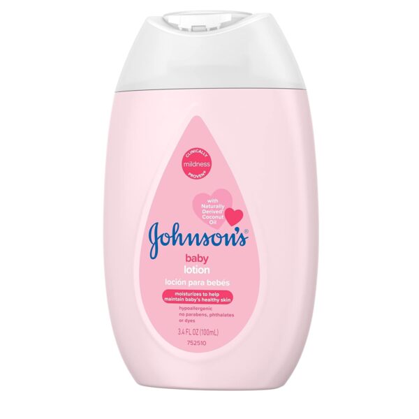 Johnson's Moisturizing Mild Pink Baby Lotion with Coconut Oil for Delicate Baby Skin, Paraben-, Phthalate- & Dye-Free, Hypoallergenic & Dermatologist-Tested, Baby Skin Care, 3.4 Fl. Oz - Image 13