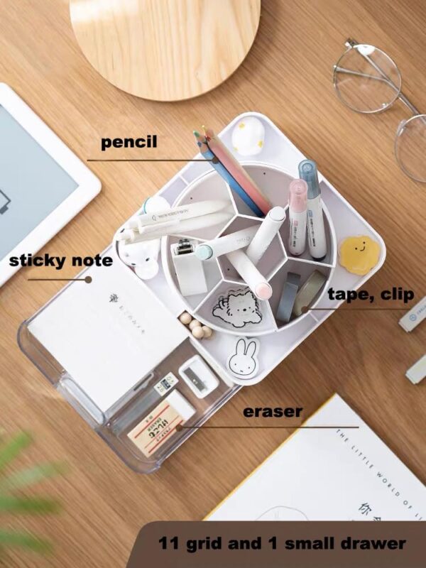 Agirlvct Desk Pencil Pen Holder,11 Slots Desk Organizers with Drawer, 360 Degree Spinning Desktop Storage Stationery Supplies,Cute Cup Pot for Office, School, Art Supply, Kids Art Room-White - Image 2