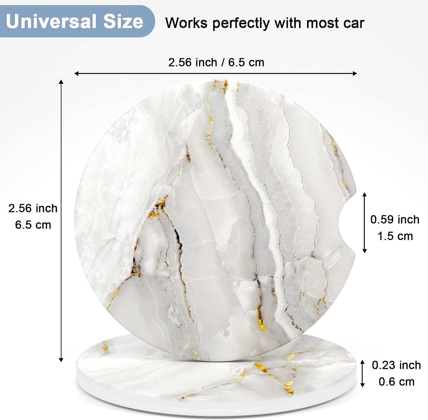 Nipichsha Car Coaster for Cup Holders, 2 Pack Absorbent Ceramic Coaster for Drinks, Cute Car Assecories for Women Men, Universal Size 2.56" with Finger Notch & Cork Base, White Marble - Image 2