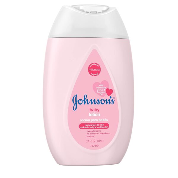 Johnson's Moisturizing Mild Pink Baby Lotion with Coconut Oil for Delicate Baby Skin, Paraben-, Phthalate- & Dye-Free, Hypoallergenic & Dermatologist-Tested, Baby Skin Care, 3.4 Fl. Oz - Image 12