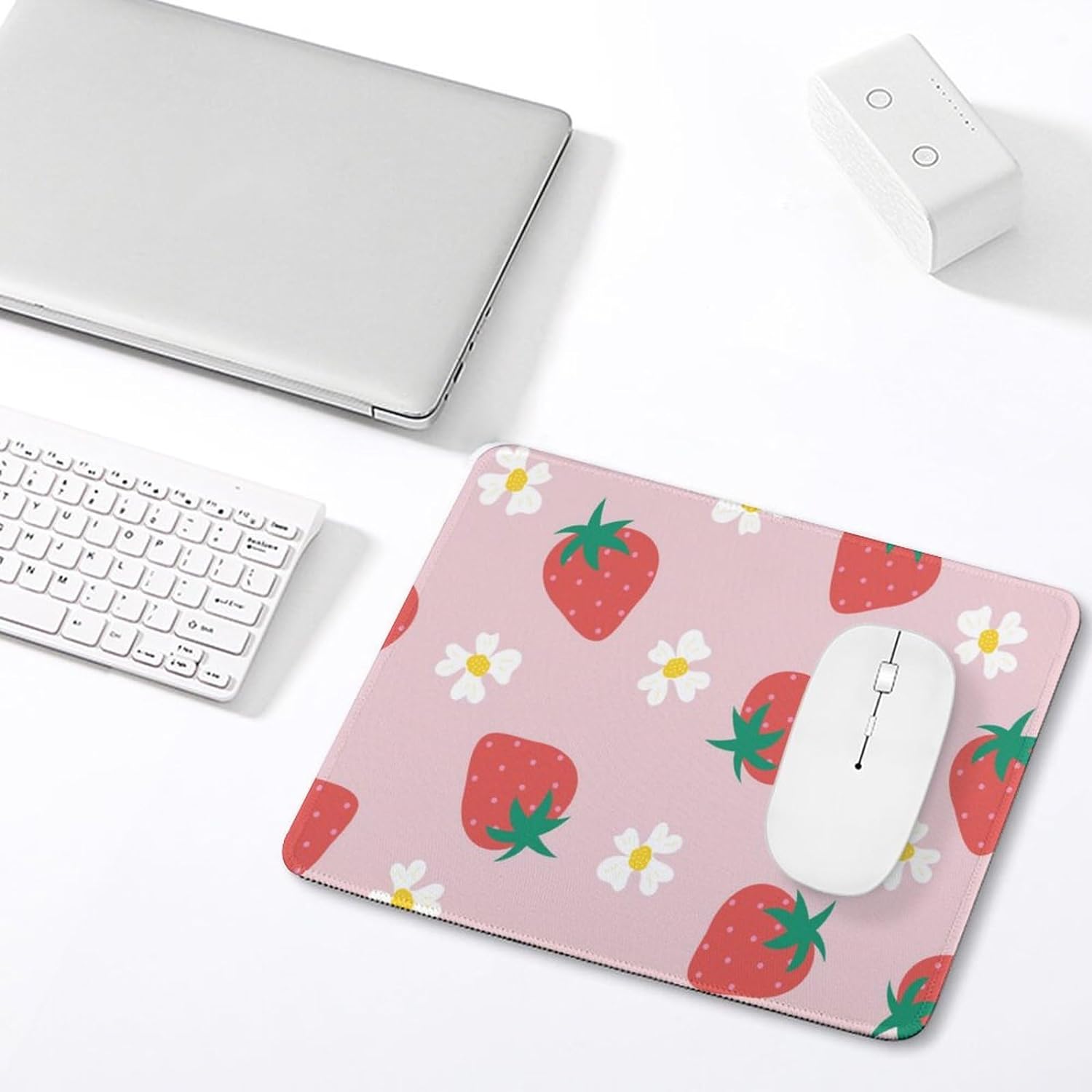 Pink Strawberry Square Mouse Pad, Cute Small Mouse Pads for Desk Wireless Mouse, Stitched Edge Mousepad Non-Slip Rubber Base Gaming Mouse Mat for Computer Laptop Home Office Decor Women, 10.2X8.3In - Image 3
