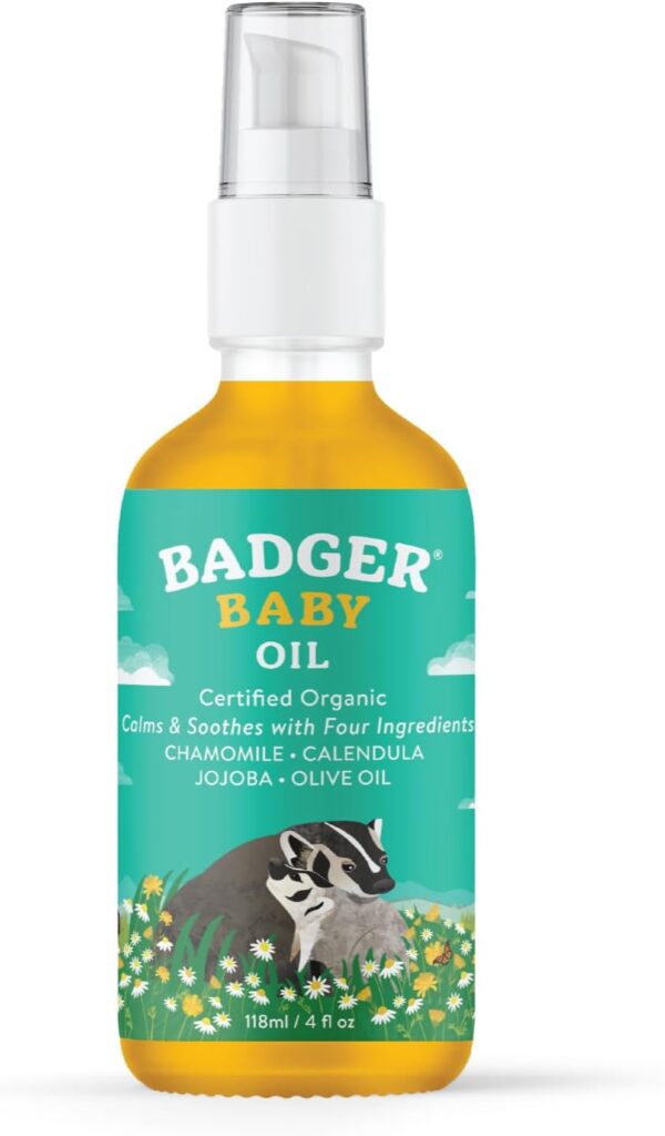 Badger Baby Oil, Chamomile & Calendula, Certified Organic Soothing Oil for Dry Skin or Cradle Cap, 4 Fl Oz Glass Bottle