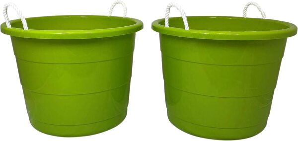 Homz 17 Gallon Indoor Outdoor Storage Bucket w/Rope Handles for Sports Equipment, Party Cooler, Gardening, Toys and Laundry, Bold Lime Green (2 Pack)