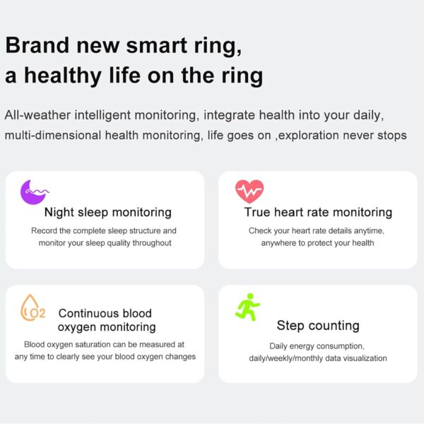 Smart Ring Fitness Tracker - Blood Oxygen & Heart Rate Monitor, Sleep Ring with IP68 Waterproof, Camera Control, Health Ring for Men Women - Smart Wearable Device - Image 4