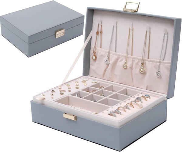 PU Leather Jewelry Box Organizer with 2 Layer Display Storage Cases and Removable Tray for Necklace, Earrings, Rings, Bracelets for Women Girls Gift, Grey