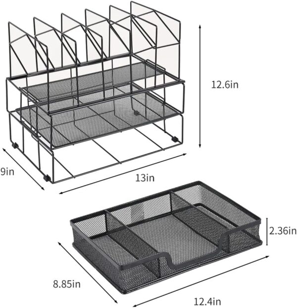 Becomrock Desktop Organizers and Accessories, Office Supplies, Dual Tray and 5 Upright Section, File Folder Holder And Organizer for Desk with Sliding Drawer (Black) - Image 6