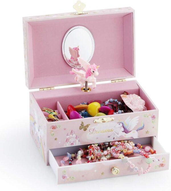 Kids Musical Jewelry Box with Big Drawer and zirconia stones Jewelry Set with Spinning Unicorn and Glitter Rainbow Butterfly Design - Over the Waves Tune Pink - Image 3