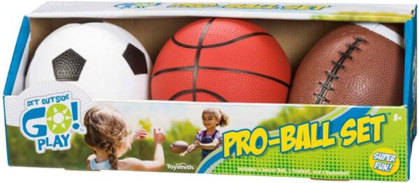 Toysmith Get Outside GO! Pro-Ball Set, Pack of 3 (5-inch soccer ball,6.5-inch football and 5-inch basketball) (2709)