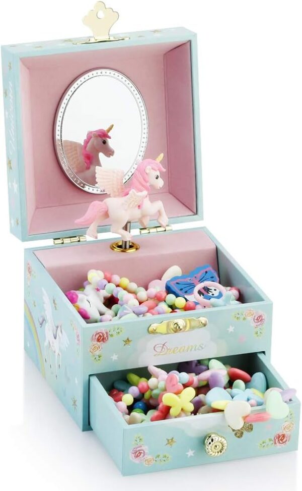 RR ROUND RICH DESIGN Kids Musical Jewelry Box for Girls with Drawer and Jewelry Set with Magical Unicorn - Blue Danube Tune Blue - Image 3