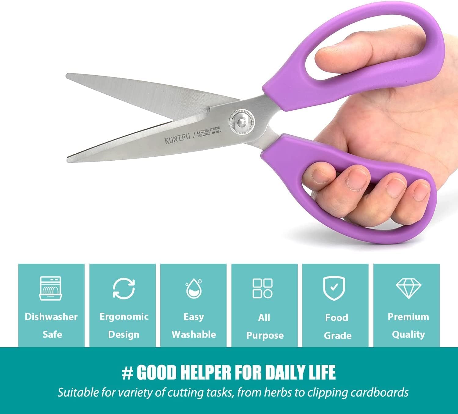 KUNIFU Scissors All Purpose Heavy Duty Mirco-Serrated Blade, Kitchen Shears Dishwasher Safe, Ultra Sharp Stainless Steel Kitchen Gadgets, Cooking Cutter for Chicken, Meat, Poultry, Fish, Herbs, Grape - Image 5