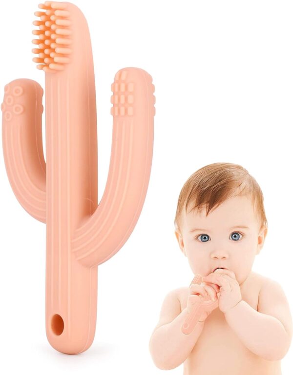 Cactus Teether Baby Toothbrush, Self-Soothing Pain Relief Soft Baby Teething Toys, Training Kids Toothbrush for Babies, Toddlers, Infants, Boy and Girl, Natural Organic BPA Free, 3+ Months(Peachy)