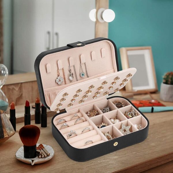 FEISCON Small Jewelry Box Necklace Ring Storage Organizer Mini Jewelry case Double Layer Travel Jewelry Organizer for Women Girls Gift/Black - Image 2