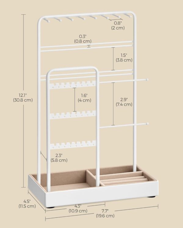 SONGMICS Jewelry Holder, Jewelry Organizer, Jewelry Display Stand with Metal Frame and Velvet Tray, Necklace Earring Bracelet Holder, for Studs, Rings, Gift Idea, White UJJS021W01 - Image 6