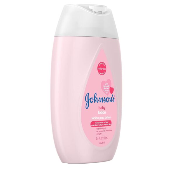 Johnson's Moisturizing Mild Pink Baby Lotion with Coconut Oil for Delicate Baby Skin, Paraben-, Phthalate- & Dye-Free, Hypoallergenic & Dermatologist-Tested, Baby Skin Care, 3.4 Fl. Oz - Image 7