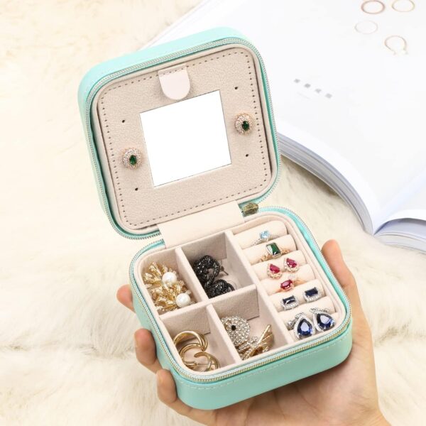 Jewelry Travel Case with Mirror,Small Travel Jewelry Organizer, Portable Jewelry Box Travel Mini Storage Organizer Portable Display Storage Box For Rings Earrings Necklaces Gifts (Blue) - Image 2