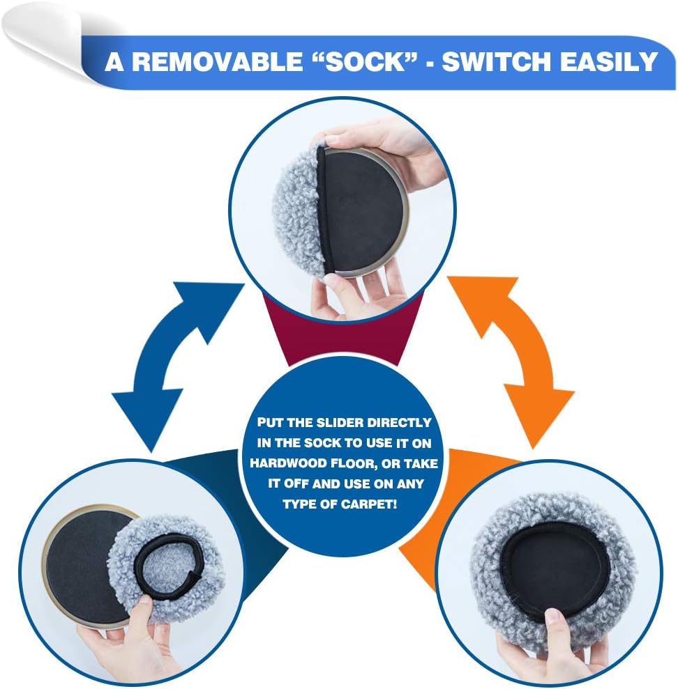 Kayzn Furniture Sliders Multi-Surface 2-in-1 Reusable Moving Pads for All Floor Types - 4 Pack 5" Carpet Sliders and 4 Hardwood Socks - Protect Floor and Easier to Move Your Furniture - Image 3