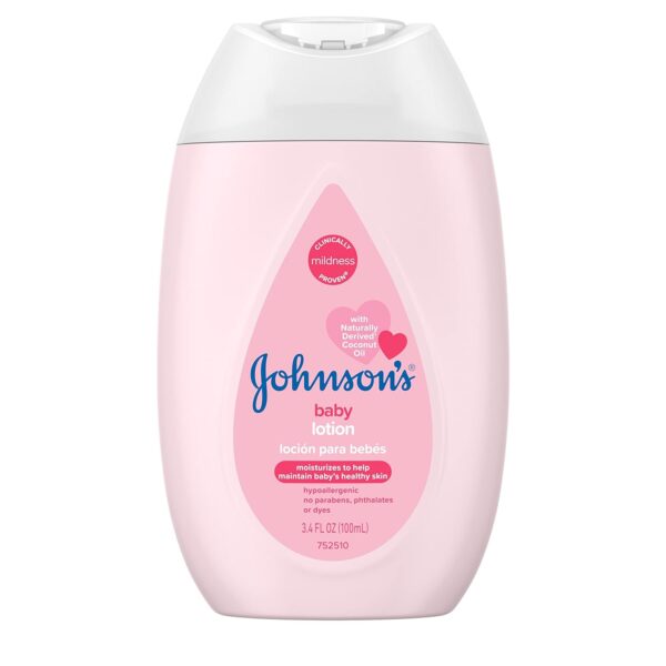 Johnson's Moisturizing Mild Pink Baby Lotion with Coconut Oil for Delicate Baby Skin, Paraben-, Phthalate- & Dye-Free, Hypoallergenic & Dermatologist-Tested, Baby Skin Care, 3.4 Fl. Oz