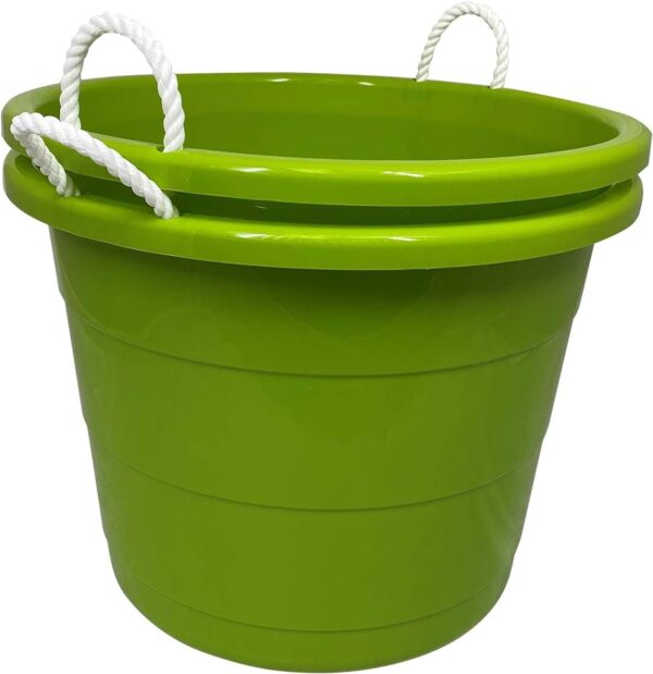 Homz 17 Gallon Indoor Outdoor Storage Bucket w/Rope Handles for Sports Equipment, Party Cooler, Gardening, Toys and Laundry, Bold Lime Green (2 Pack) - Image 2