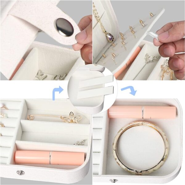 Travel Jewelry Box,Small Jewelry Organizer Box for Women Girls,2 Layer Jewelry Case,PU Leather Mini Portable Jewelry Storage Holder for Earrings,Ring,Necklaces,Bracelets -Glitter White - Image 5