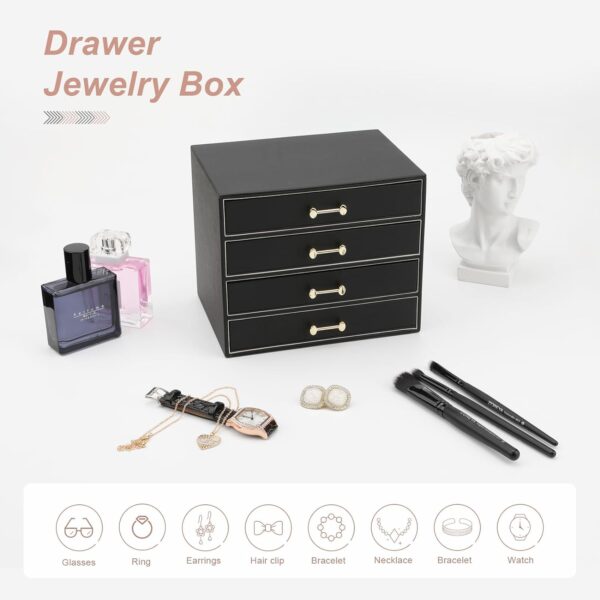 Jewelry Box with 4 Drawers,Jewelry Organizer Box for Women Girls,4- Layer Jewelry Storage Case for Necklaces Bracelets Earring and Watch (Black) - Image 3