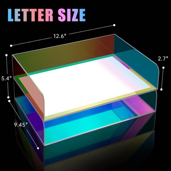 Acrylic Letter Tray 2-Tier Iridescent Stackable Desk Paper Tray Organizer and Office Accessories Supplies, Rainbow Letter Size Desk Accessories Storage Organization (Portrait) - Image 6