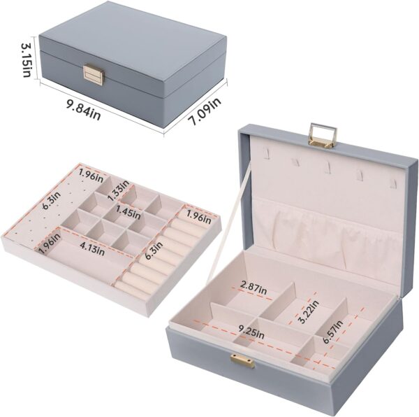 PU Leather Jewelry Box Organizer with 2 Layer Display Storage Cases and Removable Tray for Necklace, Earrings, Rings, Bracelets for Women Girls Gift, Grey - Image 2