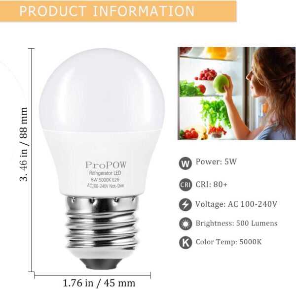 ProPOW LED Refrigerator Light Bulb, 40W Equivalent 120V A15 Fridge Bulbs 5 Watt Daylight White 5000K E26 Medium Base, Energy Saving Freezer Ceiling Home Lighting, Not-Dim, Waterproof, 4 Pack - Image 5