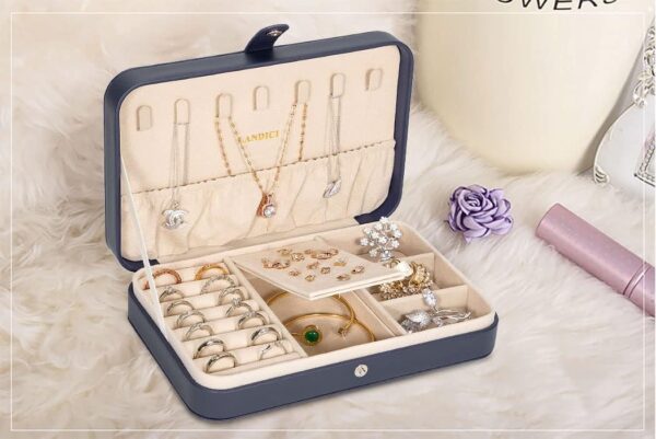 LANDICI Small Jewelry Box for Women Girls, PU Leather Travel Jewelry Organizer Case, Portable Jewellery Storage Holder Display for Ring Earrings Necklace Bracelet Bangle Watch Men Kids Gift, Dark Blue - Image 8