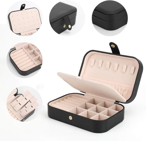 FEISCON Small Jewelry Box Necklace Ring Storage Organizer Mini Jewelry case Double Layer Travel Jewelry Organizer for Women Girls Gift/Black - Image 4