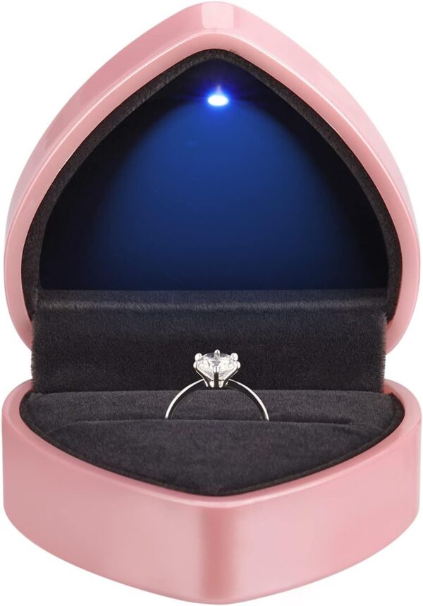 Heart Shaped Ring Gift Box with LED Light, Velvet Earrings Jewelry Case with Light, Jewellry Display Box for Wedding, Engagement, Proposal, Birthday and Anniversary (Pink)