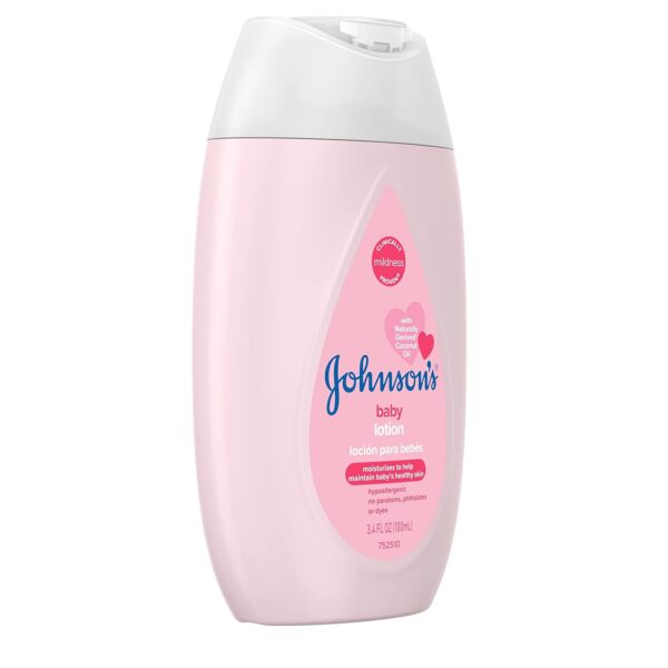 Johnson's Moisturizing Mild Pink Baby Lotion with Coconut Oil for Delicate Baby Skin, Paraben-, Phthalate- & Dye-Free, Hypoallergenic & Dermatologist-Tested, Baby Skin Care, 3.4 Fl. Oz - Image 9