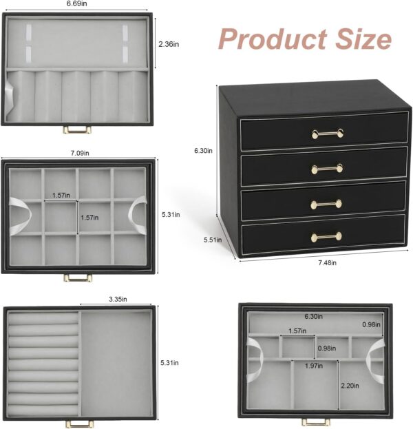 Jewelry Box with 4 Drawers,Jewelry Organizer Box for Women Girls,4- Layer Jewelry Storage Case for Necklaces Bracelets Earring and Watch (Black) - Image 6