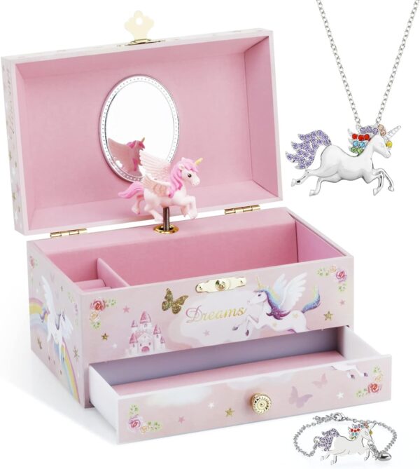 Kids Musical Jewelry Box with Big Drawer and zirconia stones Jewelry Set with Spinning Unicorn and Glitter Rainbow Butterfly Design - Over the Waves Tune Pink