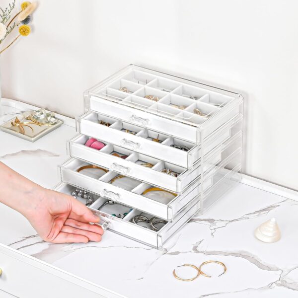 ProCase Earring Holder Organizer Jewelry Box with 5 Drawers, Acrylic Clear Earring Case with Adjustable Velvet Trays for Women - Warmwhite,5 Layers - Image 3