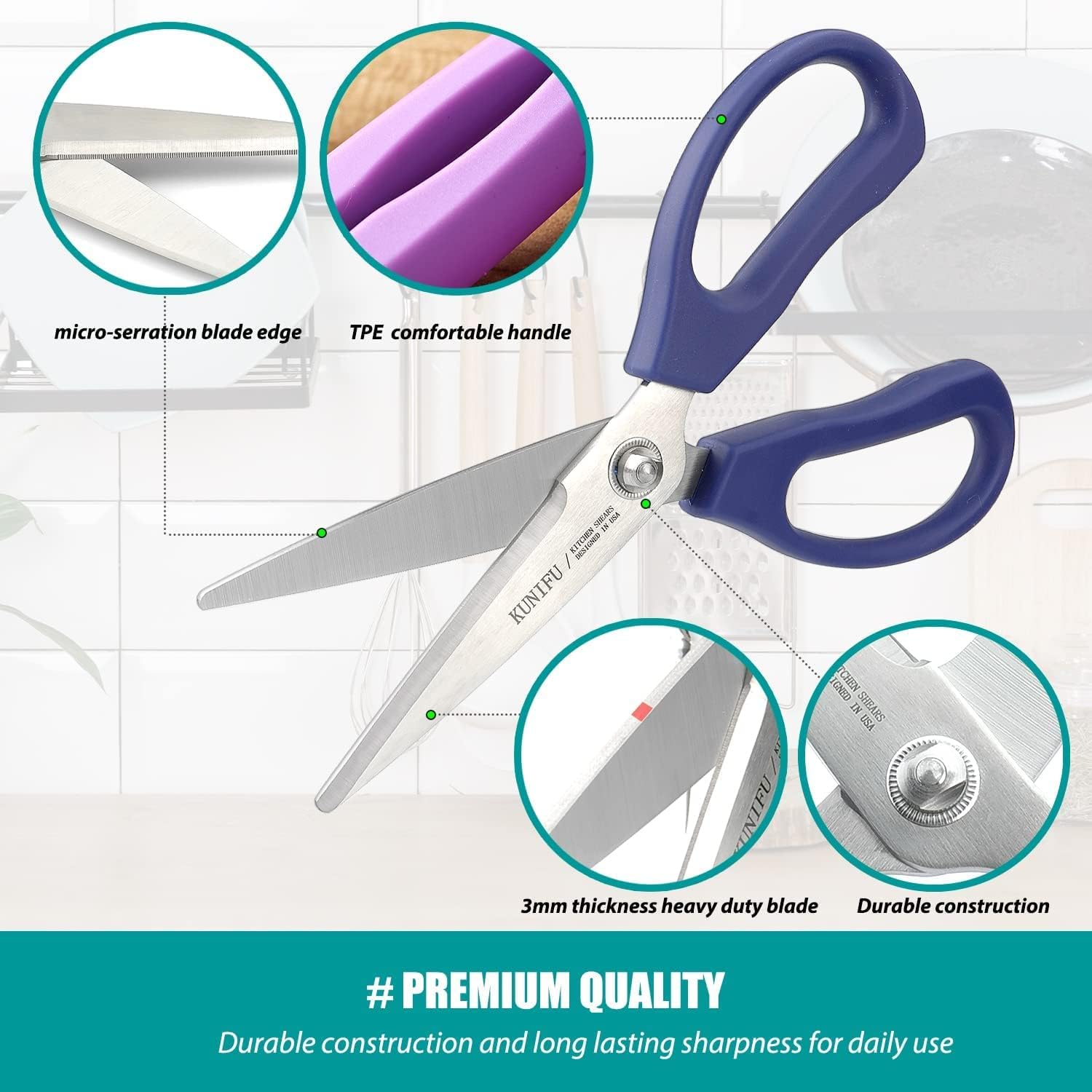 KUNIFU Scissors All Purpose Heavy Duty Mirco-Serrated Blade, Kitchen Shears Dishwasher Safe, Ultra Sharp Stainless Steel Kitchen Gadgets, Cooking Cutter for Chicken, Meat, Poultry, Fish, Herbs, Grape - Image 2