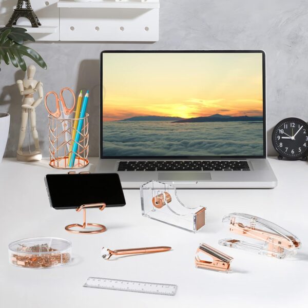 Aibocn Rose Gold Desk Accessories, Office Supplies, Acrylic Stapler, Staple Remover, Tape Holder, Pen 1000pcs Staples, Diamond Pen, Phone Scissors, Binder Clips, Ruler,Transparent Glue - Image 8