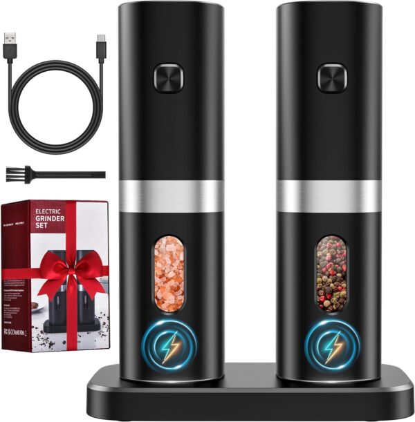 Electric Salt and Pepper Grinder Set, 𝟮𝟬𝟮𝟰 𝙉𝙚𝙬 Rechargeable Salt and Pepper Mill with 4*Rechargeable Batteries, Charging Base, White Light, One Hand Automatic Operation, Black, 2Pack