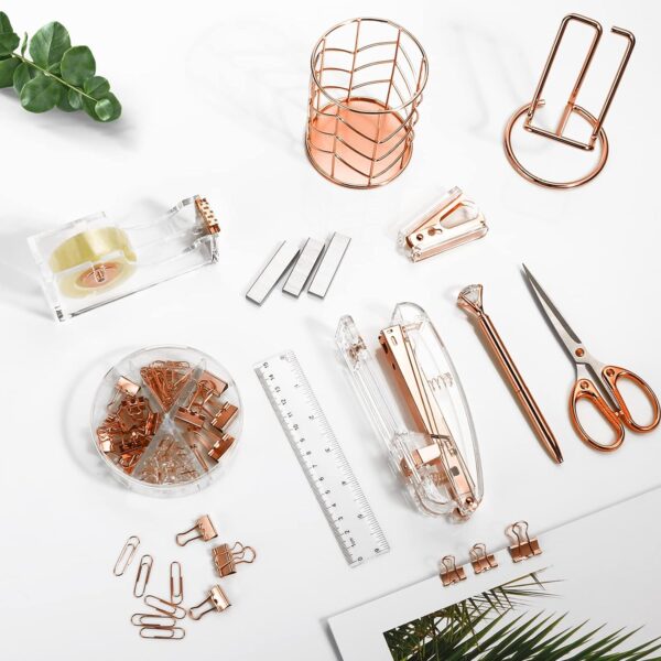 Aibocn Rose Gold Desk Accessories, Office Supplies, Acrylic Stapler, Staple Remover, Tape Holder, Pen 1000pcs Staples, Diamond Pen, Phone Scissors, Binder Clips, Ruler,Transparent Glue - Image 9