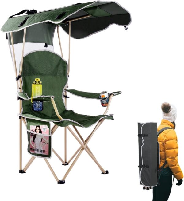 VTOY(50”Hx36”W Lawn Chairs，Camping Chair with Canopy Foldable W/Sun Shade for for Beach Camping Folding Outdoor Fishing/Sports|with Two Cup Holder and Storage Bag.