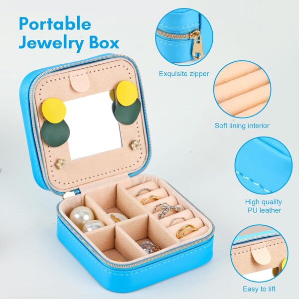 FFixwal Travel Jewelry Case, 6pcs Travel Jewelry Boxes, Mini Jewelry Organizer for Girls Women with Mirror (Blue) - Image 3