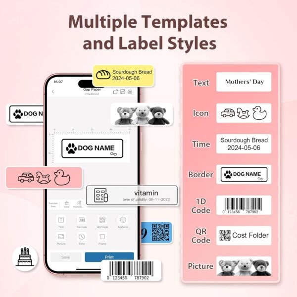 P21 Label Maker Machine with Tape, Bluetooth Label Printer Thermal Mini Label Makers with Built-in Cutter and Multiple Templates, Portable Printers for School, Office, Home Use - Pink - Image 5