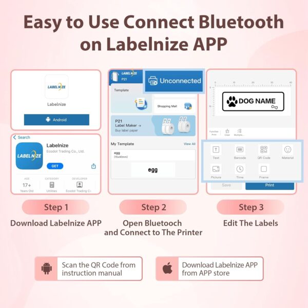 P21 Label Maker Machine with Tape, Bluetooth Label Printer Thermal Mini Label Makers with Built-in Cutter and Multiple Templates, Portable Printers for School, Office, Home Use - Pink - Image 4