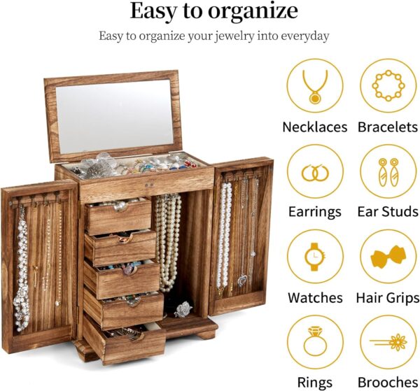 Jewelry Boxes for Women Girls, Large Wood Jewelry Box with mirror Drawer, 6-Layer Standing Rustic Jewelry Boxes & Organizers for Earrings Necklaces Ring Watch - Image 6