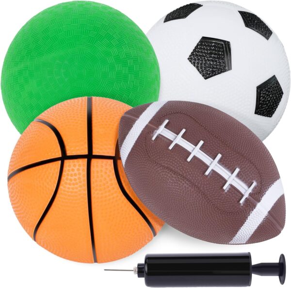 LovesTown 4PCS Sports Balls, Sport Ball Toy for Kids with Pump Football Soccer Ball Basketball Playground Ball for Toddlers Indoor & Outdoor Play