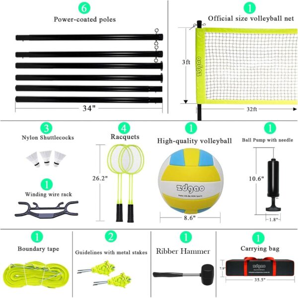 Zdgao Badminton & Volleyball Combo Set - Professional Volleyball Net for Lawn, Backyard, Easy Set up Volleyball Set with Carry Bag, Boundary Line for Family Fun - Image 3